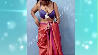 red sari without blouse skyblue color bra waring